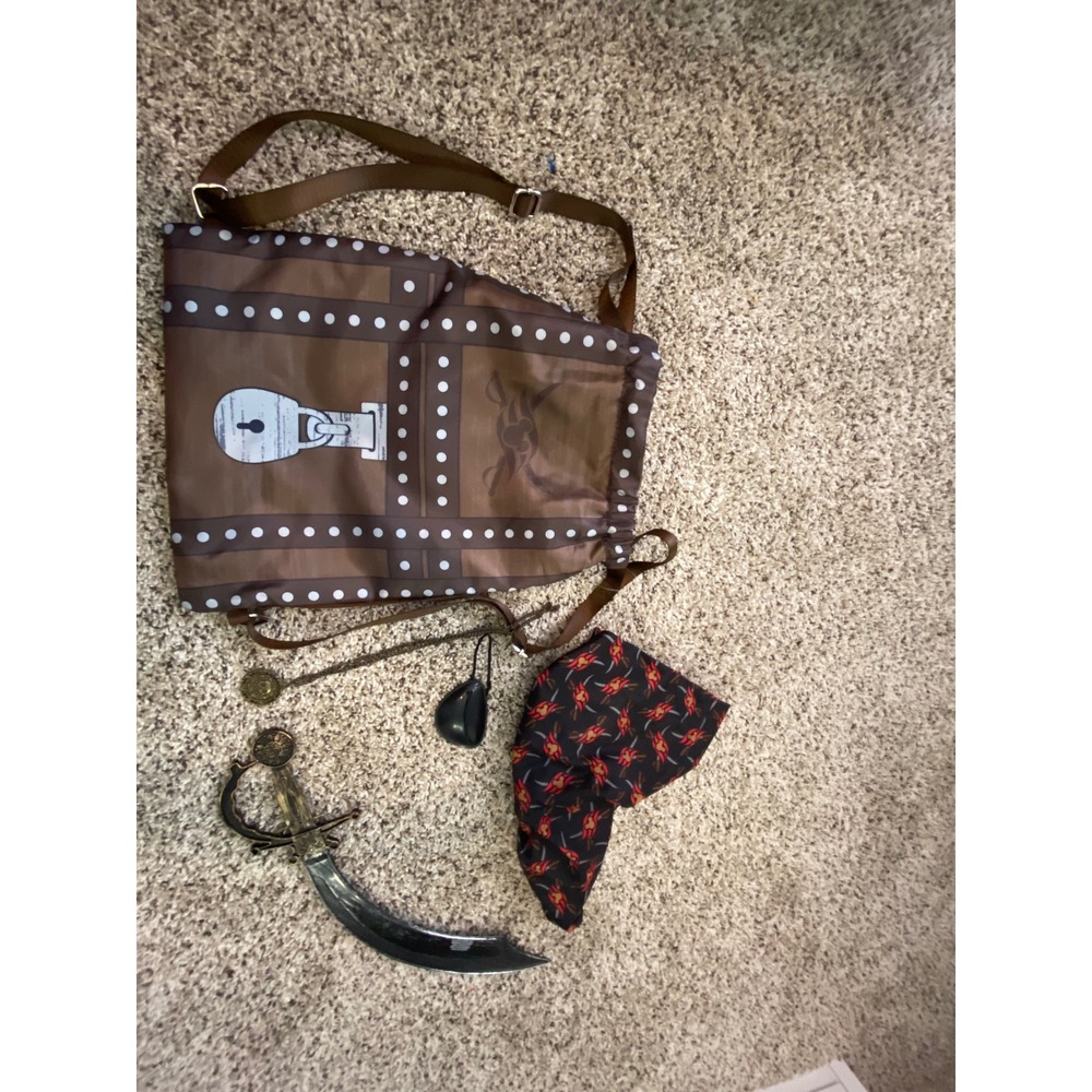 Kids Pirate Costume Accessory Set Treasure Chest Bag Sword Eye Patch Bandana - Picture 2 of 2